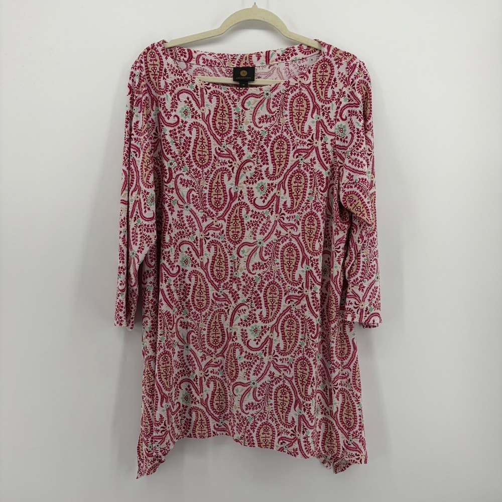 JM Collection Womens 0X Pink Paisley Tunic Top Sharkbite Hem 3/4 Sleeve
